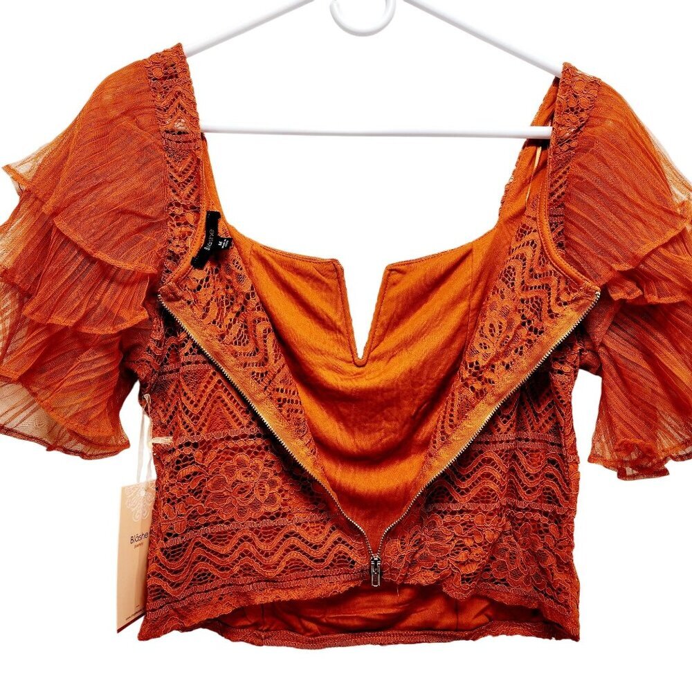Rust Orange Lace & Sheer Ruffle Sleeve Crop Top By Blåshe Size M - Picture 9 of 10
